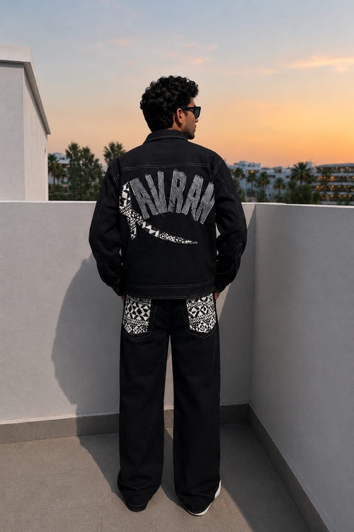 MEN'S BLACK DENIM CO-ORD SET WITH GEOMETRIC PANEL DETAILING