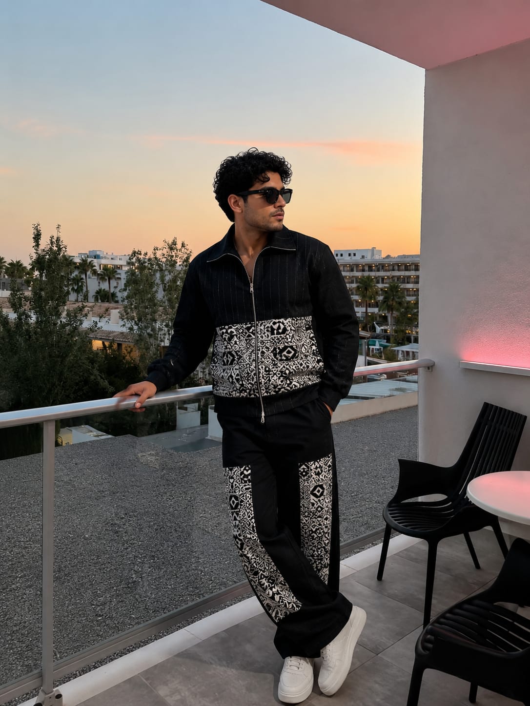 MEN'S BLACK DENIM CO-ORD SET WITH GEOMETRIC PANEL DETAILING