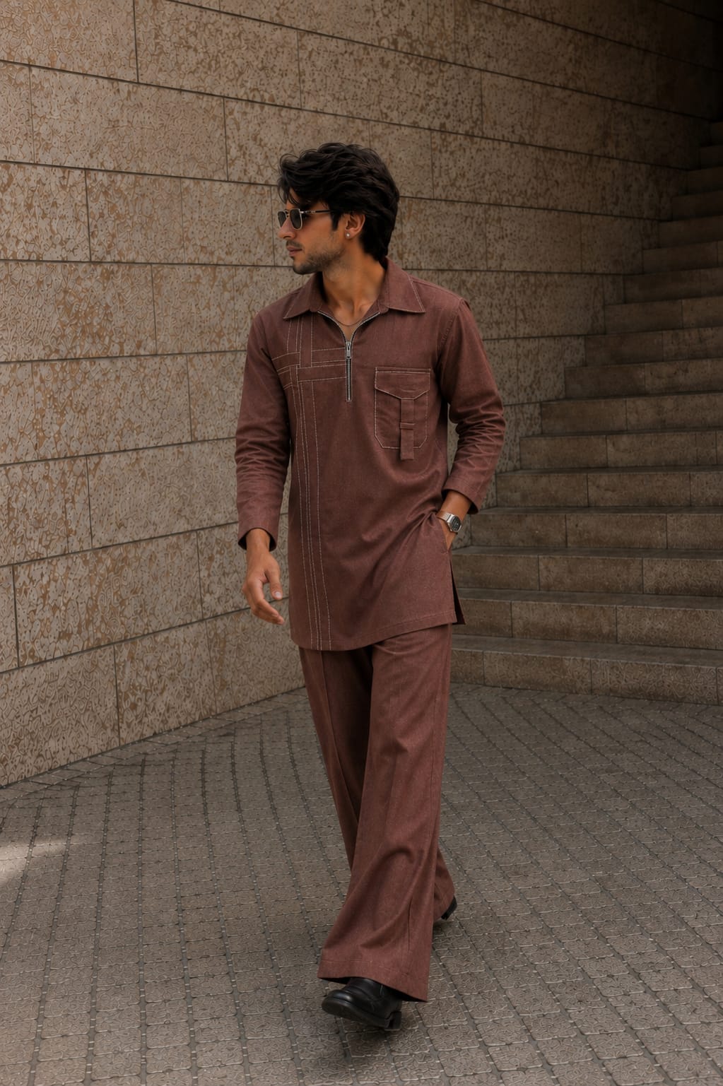 MEN'S BROWN LINEN KURTA SET