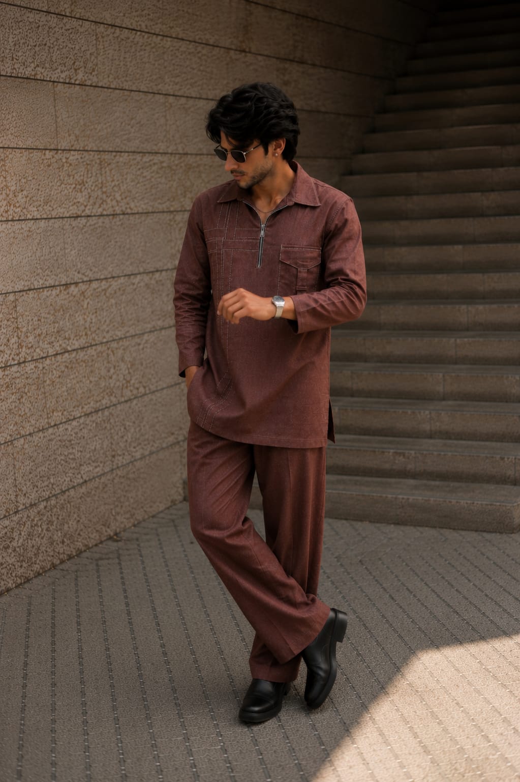 MEN'S BROWN LINEN KURTA SET