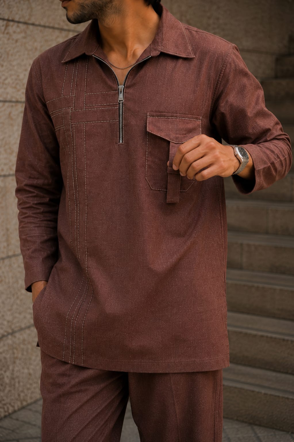 MEN'S BROWN LINEN KURTA SET